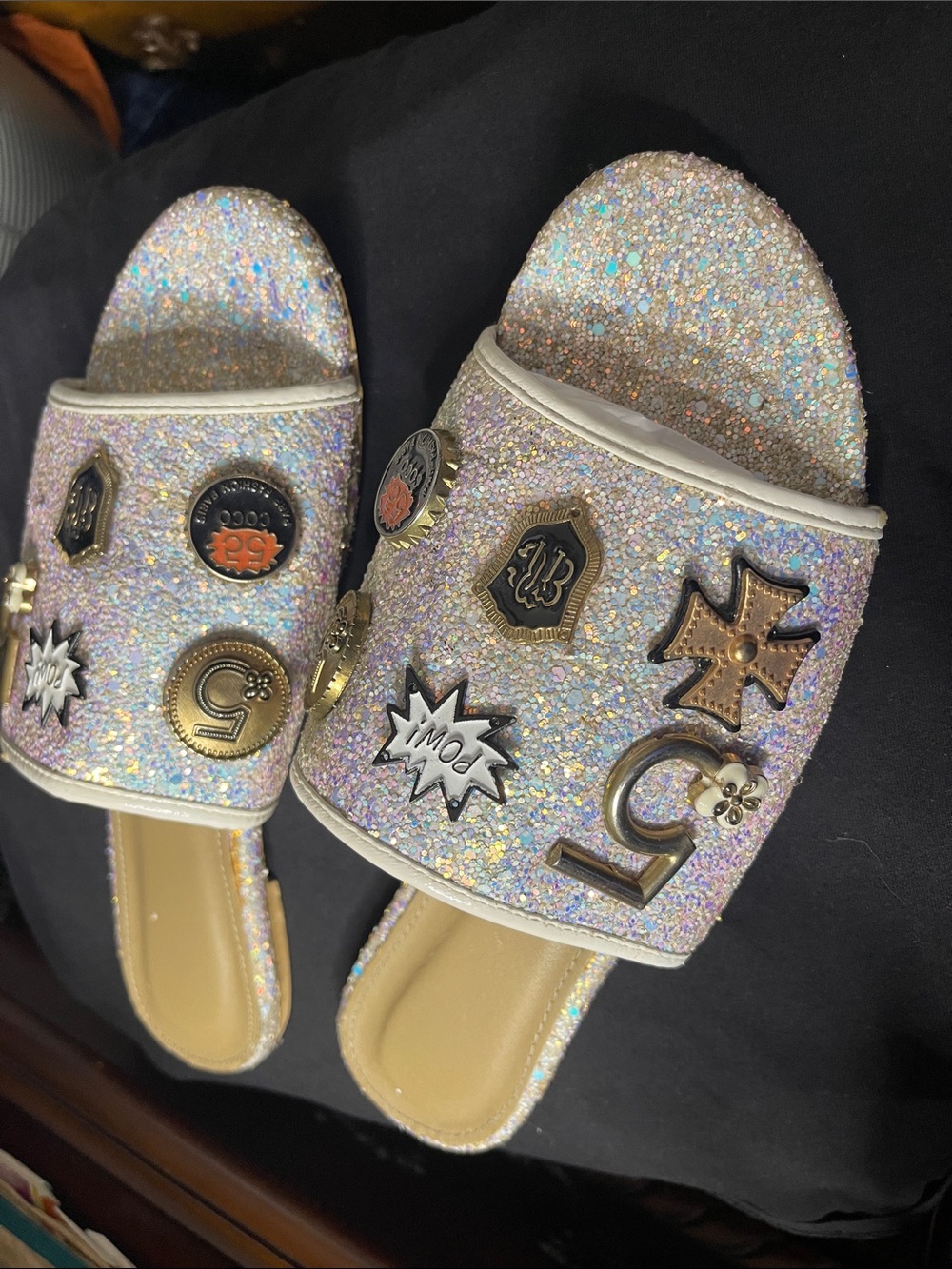 Sparkle Charm Slide Sandals - Iridescent Glitter.